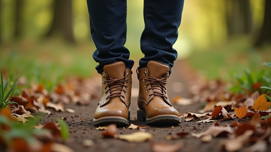 Nahaufnahme von Füßen auf einem Waldweg mit Herbstblättern, natürliche Beleuchtung zeigt Bodendetails