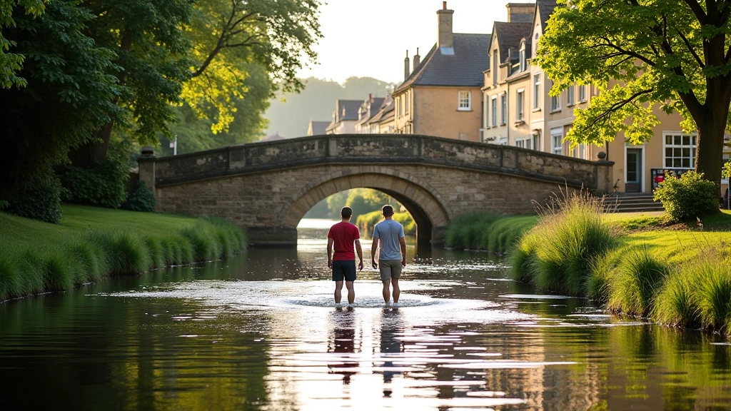 River Windrush fließt durch Bourton-on-the-Water mit Steinbrücke, Menschen waten in seichtem Wasser, honigfarbene Gebäude säumen die Hauptstraße