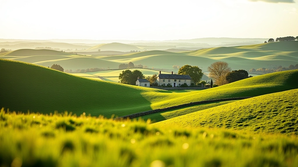 Scenic Blick auf rollende Cotswolds Hügel mit traditionellen Steingebäuden in der Ferne, Nachmittag Licht