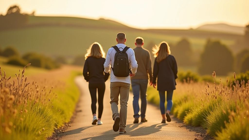 Gruppe von Menschen, die achtsam auf einem Landweg durch sanfte Hügel gehen, goldenes Nachmittagslicht durch Bäume filtern