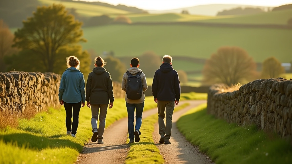 Gruppe von Menschen, die zusammen auf einem Landweg gehen, Gespräche genießen, entspanntes Tempo, grüne Hügel im Hintergrund