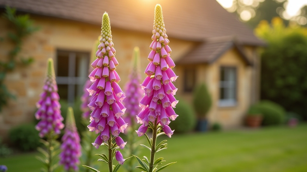 Lila und weiße Fuchshandschuhe wachsen in einem Ferienhaus neben einem traditionellen Cotswolds Steinhaus