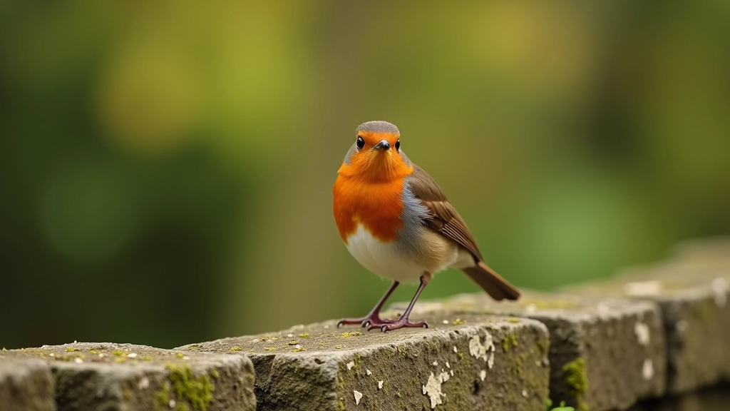 Rotes Rotkehlchen thront auf einer moosbedeckten Steinmauer in einem Waldgarten, weiches Morgenlicht