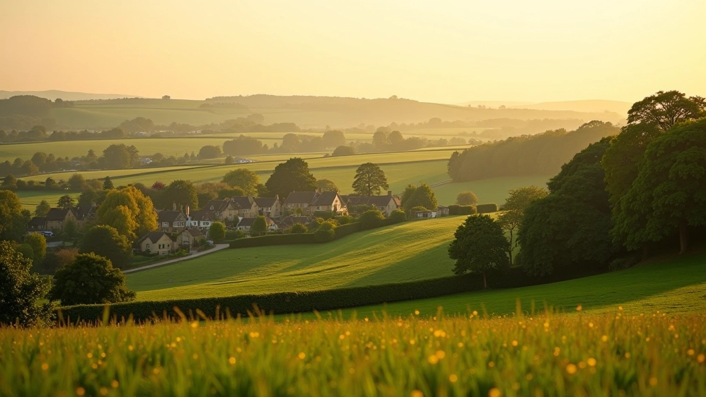 Schöne Cotswolds Landschaft mit sanften Hügeln und goldenem Licht