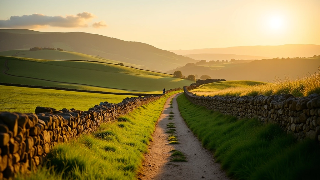 Wanderweg durch rollende grüne Hügel mit Steinmauern auf beiden Seiten, Cotswolds Landschaft, goldenes Nachmittagslicht