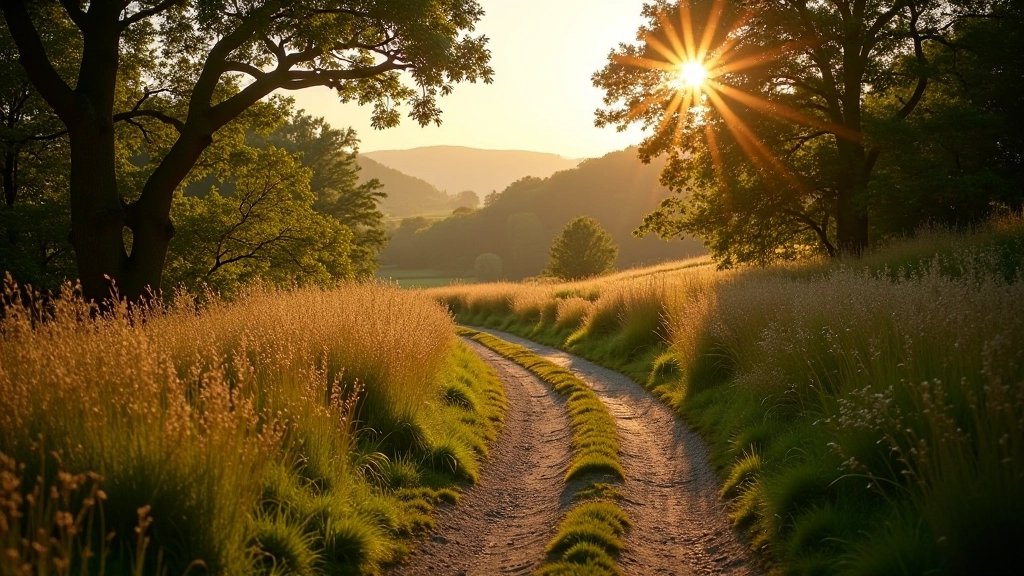 Szenischer Fußweg, der sich durch Cotswolds windet und Hügel und Wälder rollt, goldenes Licht durch Bäume filtert, friedlicher Wanderweg
