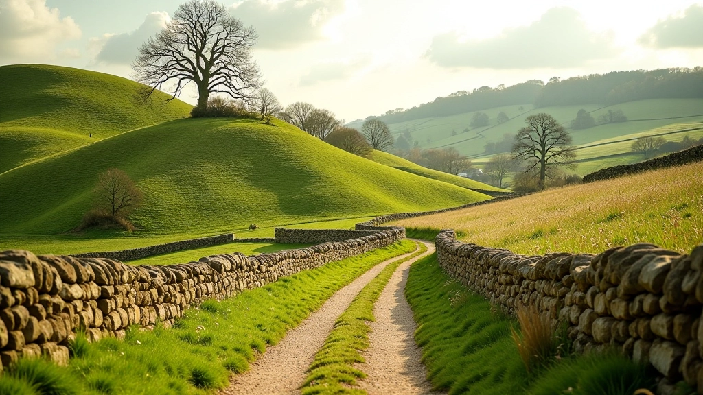 Wanderweg durch Cotswolds Landschaft mit sanften Hügeln