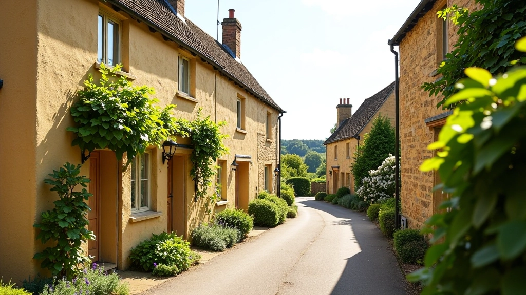 Malerische Steinhäuser mit honigfarbenen Wänden in einem traditionellen Cotswolds Dorf, Bibury Street Szene