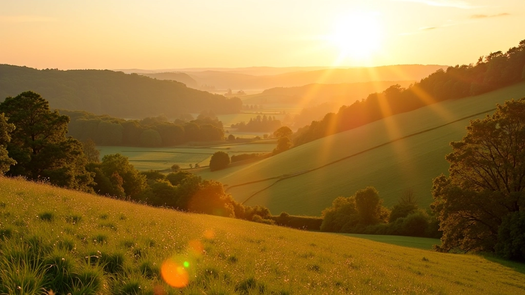 Ruhige Landschaft bei Sonnenuntergang oder goldener Stunde, friedlicher Talblick, natürliche warme Beleuchtung, malerische Aussicht