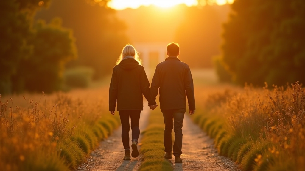 Zwei Personen gehen im Herbst auf einem Landweg
