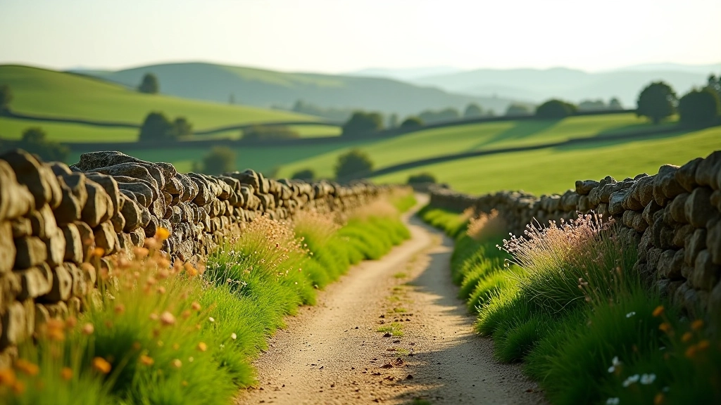 Scenic Wanderweg durch Cotswolds Wiesen mit sanften Hügeln und trockenen Steinmauern im Hintergrund, Wildblumen säumen den Weg