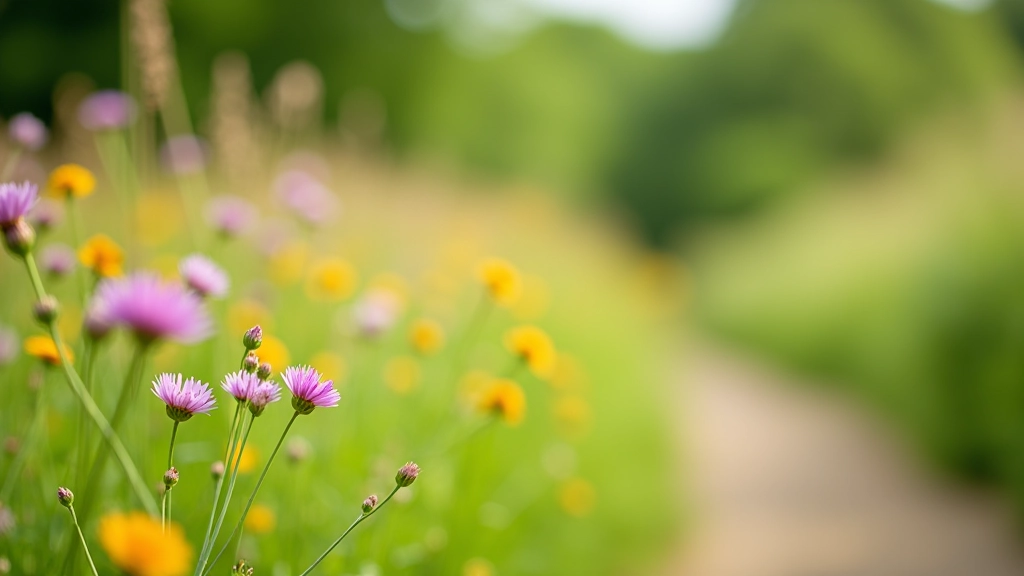 Nahaufnahme von Wildblumen, die entlang eines Landwegs blühen, leuchtende natürliche Farben, Details der saisonalen Flora in Blüte