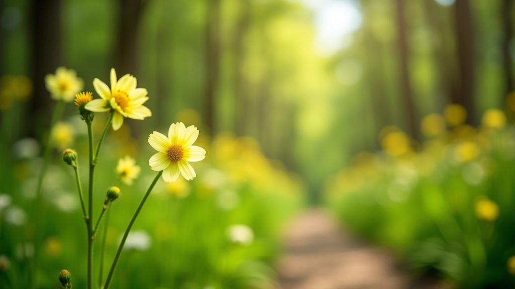 Nahaufnahme von Wildblumen, die im Frühling auf einem Waldweg blühen, weiches natürliches Licht, das durch Bäume gefiltert wird