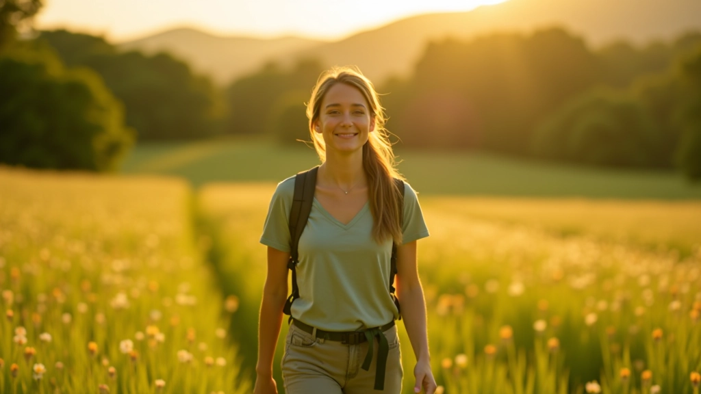 Frau, die alleine auf einem schmalen Landweg durch grüne Wiesen und Wildblumen geht, ruhige Landschaft mit goldener Stunde Beleuchtung