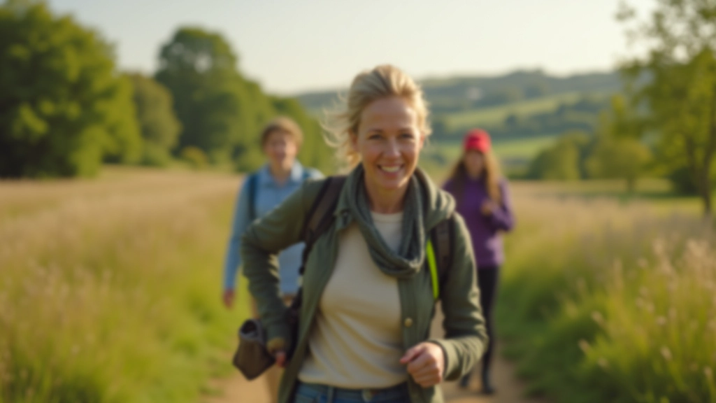 Eleanor führt eine achtsame Wandergruppe durch einen grünen Cotswolds-Landschaftspfad, der mit alten Steinmauern und Wildblumen gesäumt ist