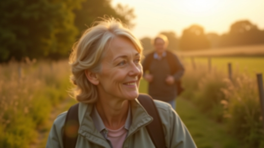 Eleanor steht auf einem Landweg mit Steinmauern und weist auf natürliche Details für eine Gruppe von Wanderern im Morgenlicht der Cotswolds hin