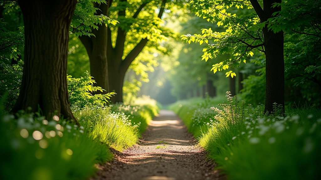 Ruhiger Wanderweg durch Cotswolds Wald mit getupftem Sonnenlicht Filterung durch Bäume, friedliche Waldatmosphäre